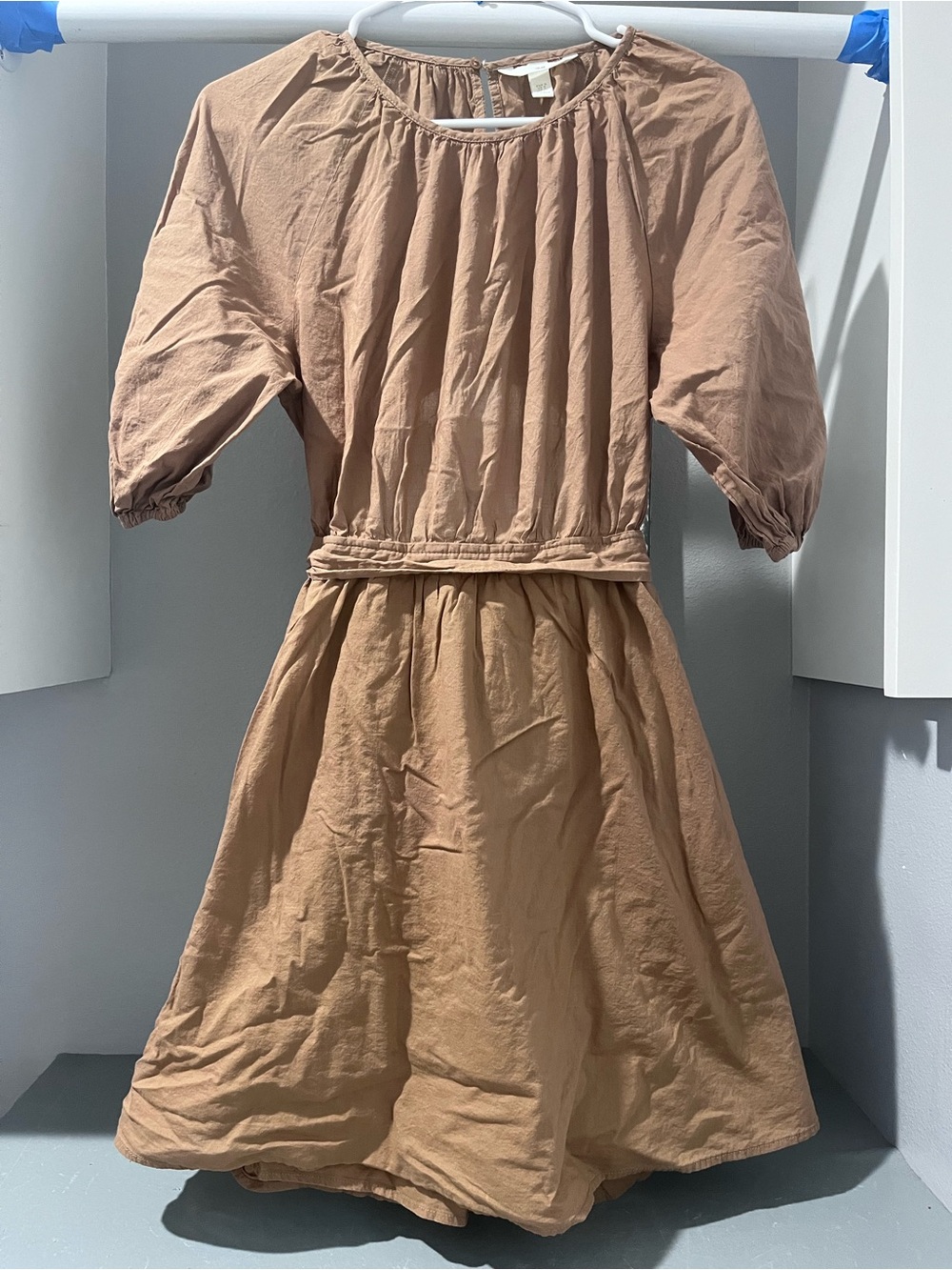 H&M women Puff Sleeve Belted Dress in Tan